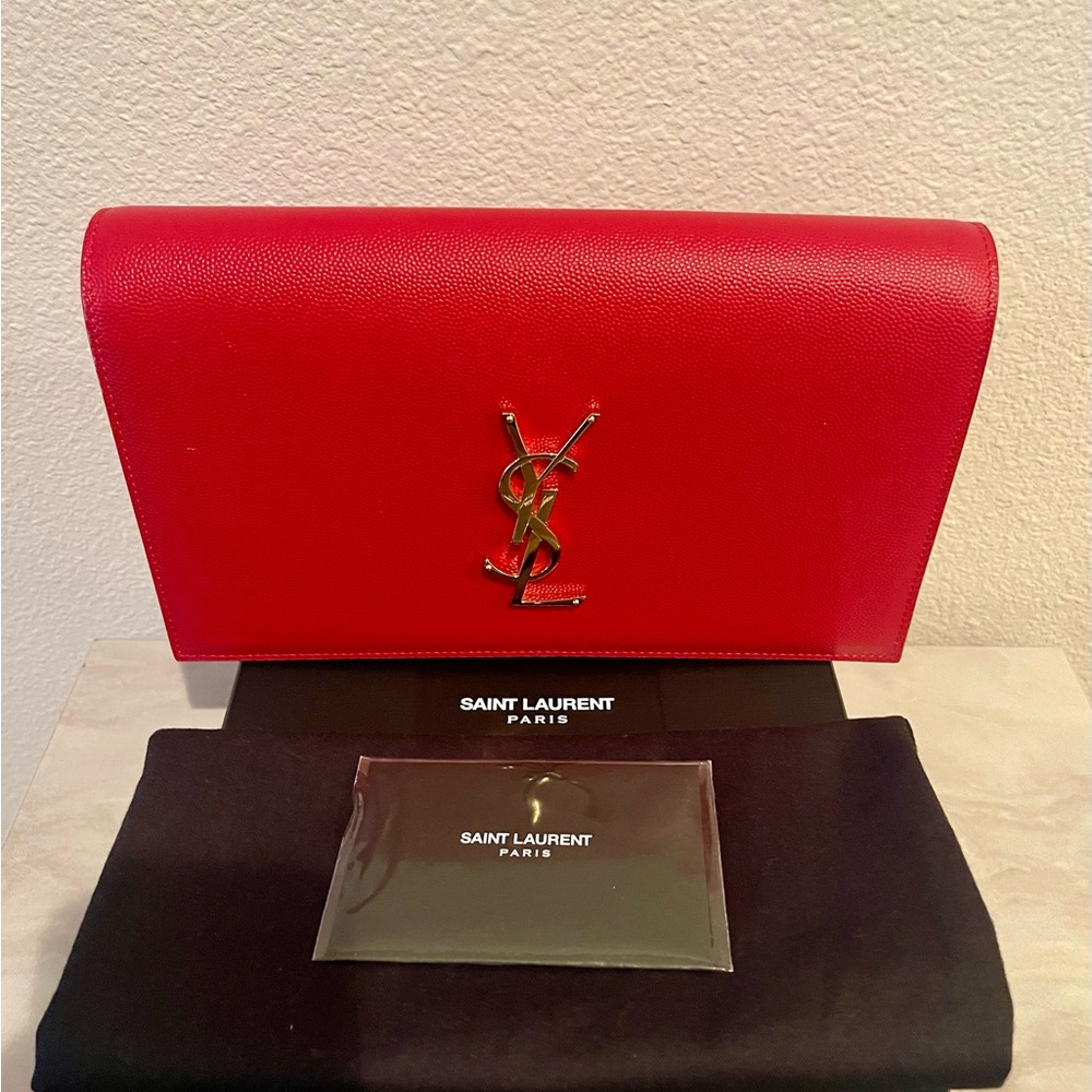 Yves Saint Laurent Red Clutch with Gold Logo - Picture 2 of 11